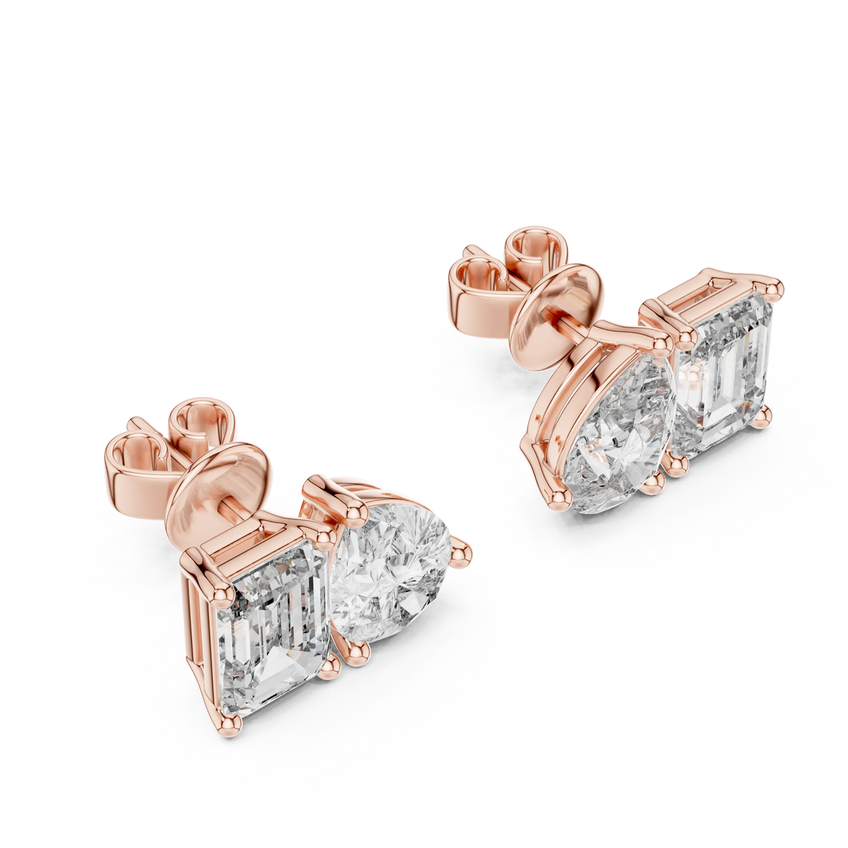 Pear and emerald moissanite toi et moi stud earrings in rose 925 sterling silver, view 2