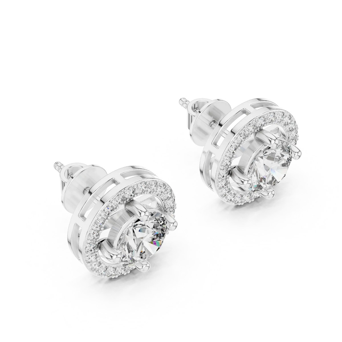 Round halo moissanite stud earrings in white 925 sterling silver, four-prong halo, view 2