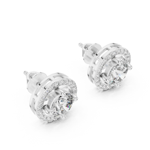 Round halo moissanite stud earrings in white 925 sterling silver, four-prong halo, view 2
