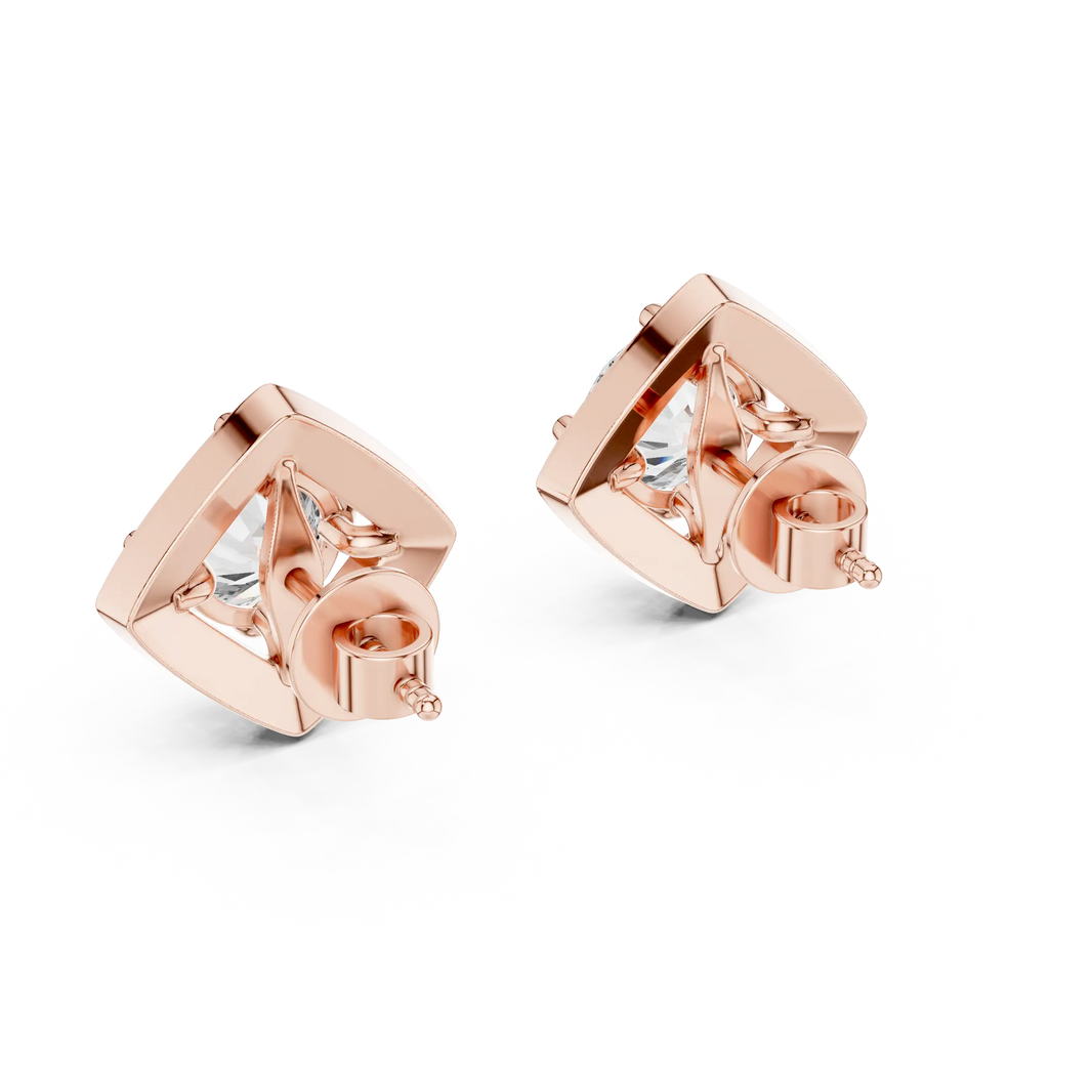 Round moissanite square halo stud earrings in rose 925 sterling silver, view 3