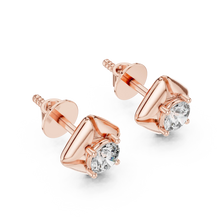 Round moissanite petal frame stud earrings in rose 925 sterling silver, view 2
