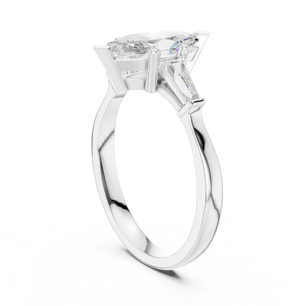 Marquise Moissanite Ring with Tapered Baguette Sides in white 925 sterling silver, view 1