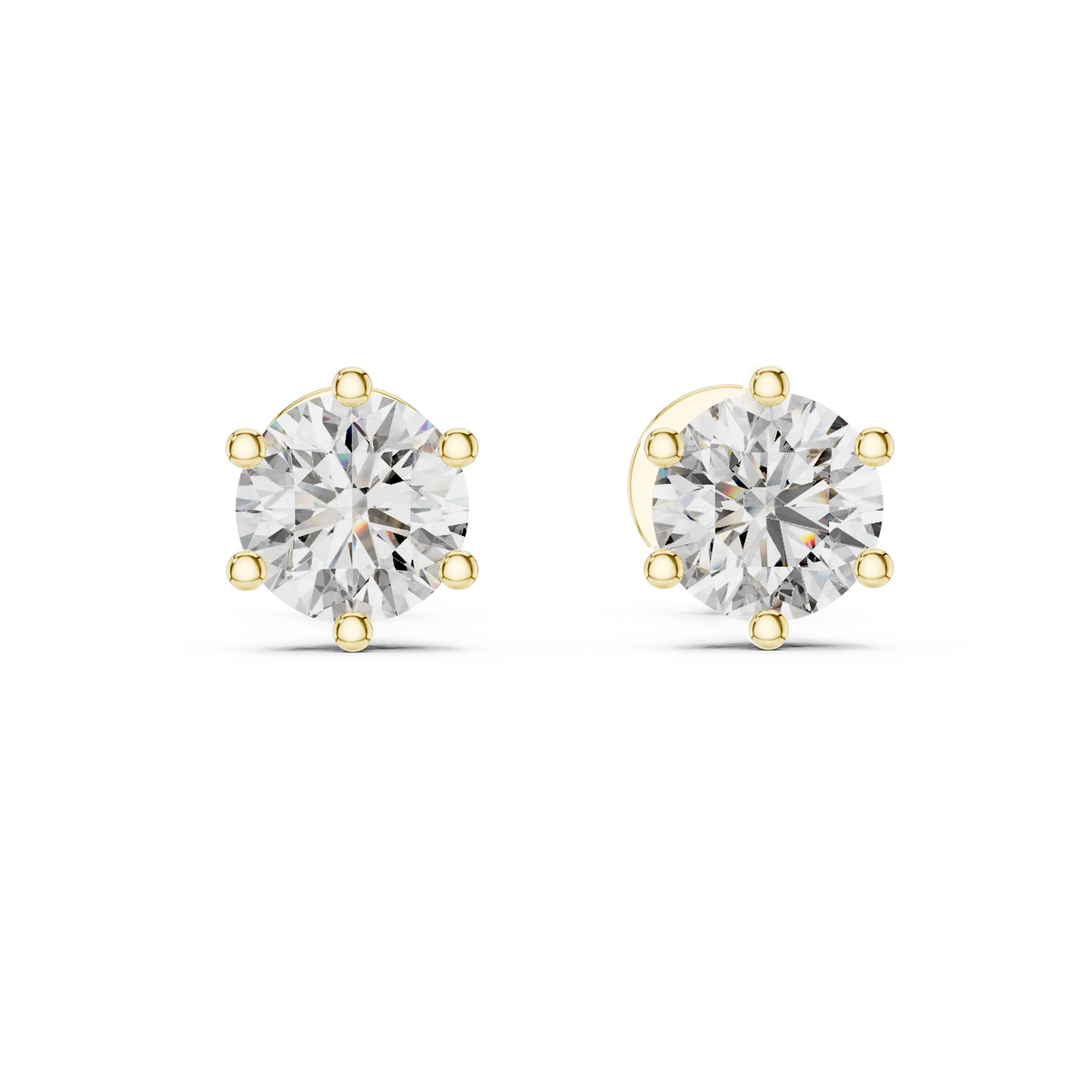 Round moissanite six-prong stud earrings in yellow 925 sterling silver, view 4