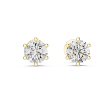 Round moissanite six-prong stud earrings in yellow 925 sterling silver, view 4