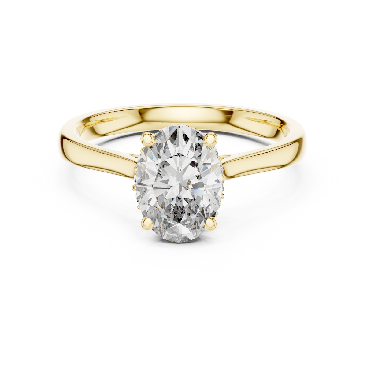 Oval Hidden Halo Moissanite Cathedral Solitaire Ring in yellow 925 sterling silver, view 4