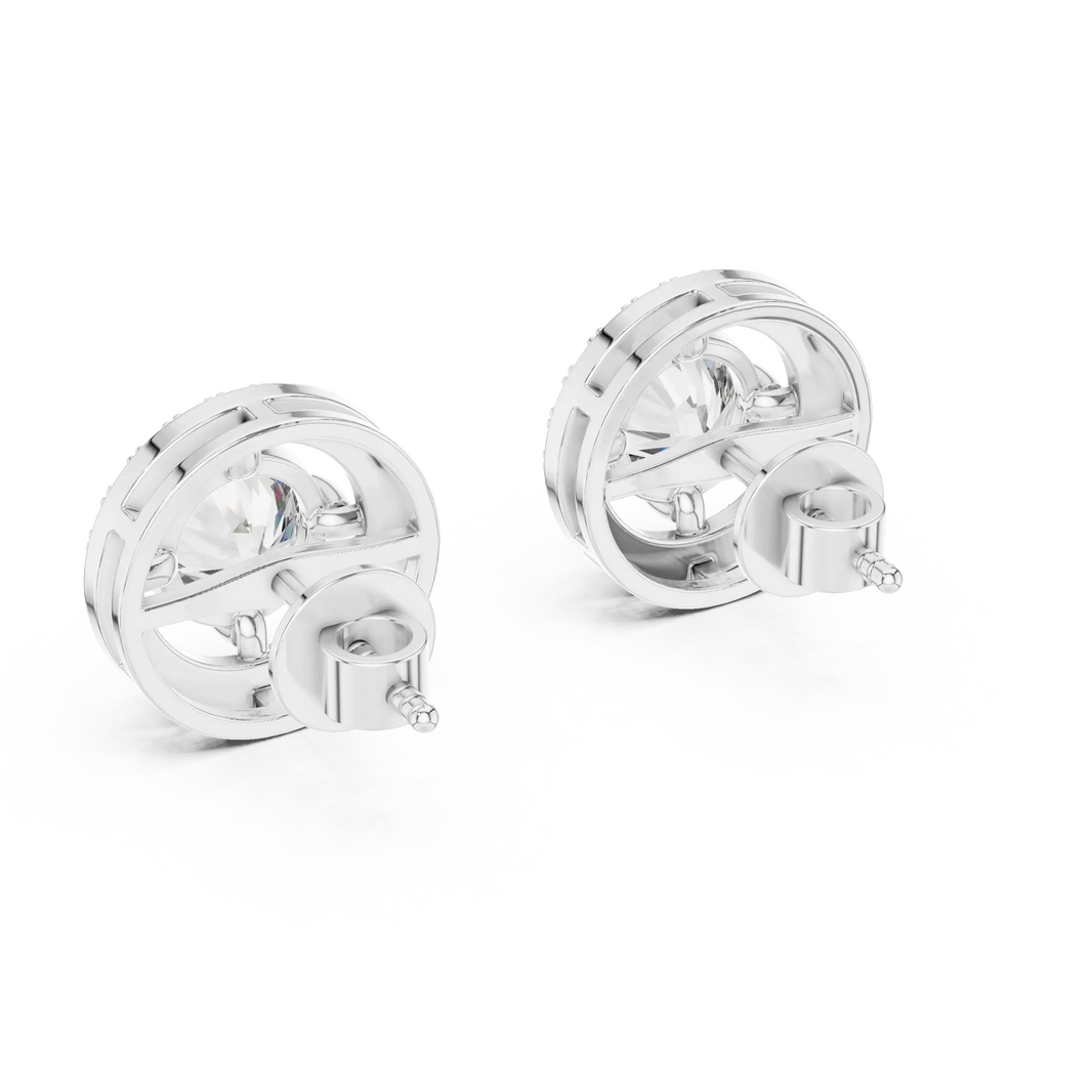 Round halo moissanite stud earrings in white 925 sterling silver, four-prong halo, view 3