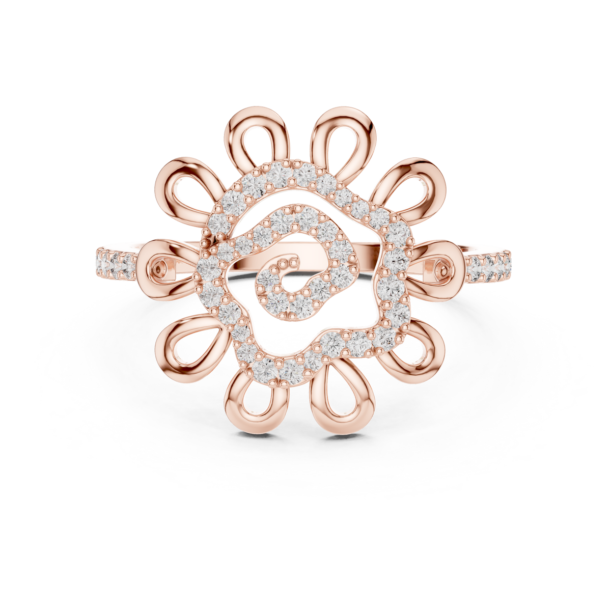 Flower Petal Swirl Moissanite Cocktail Ring in rose 925 sterling silver, view 4
