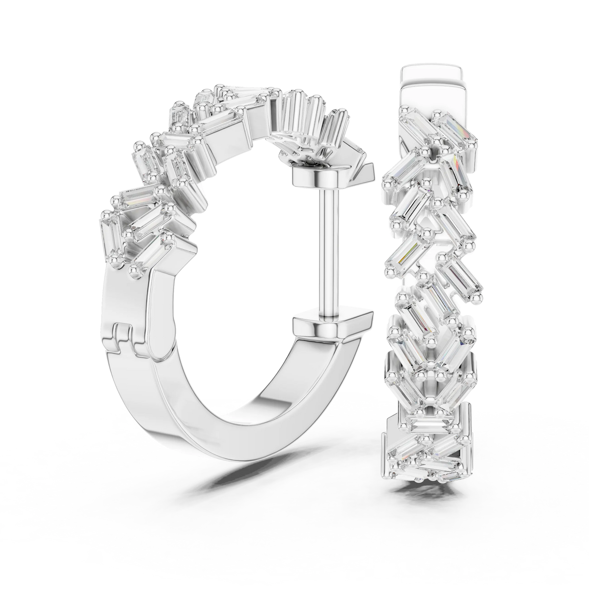 Baguette moissanite scatter hoop earrings in white 925 sterling silver, view 1