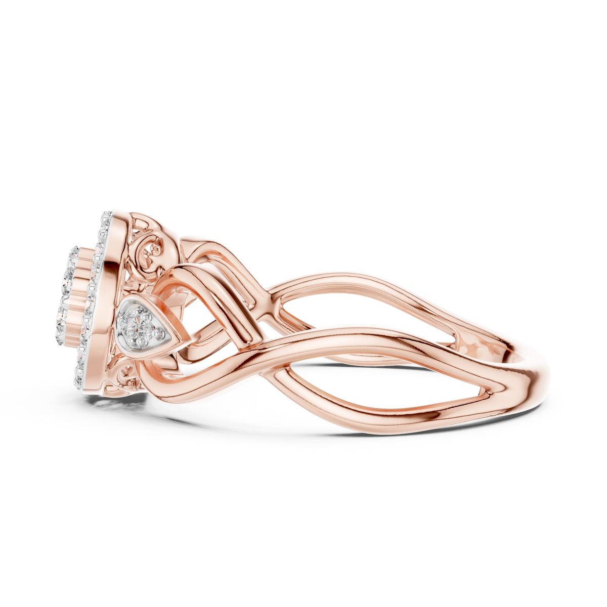 Cluster Halo Moissanite Ring with Scroll Accents in rose 925 sterling silver, view 3