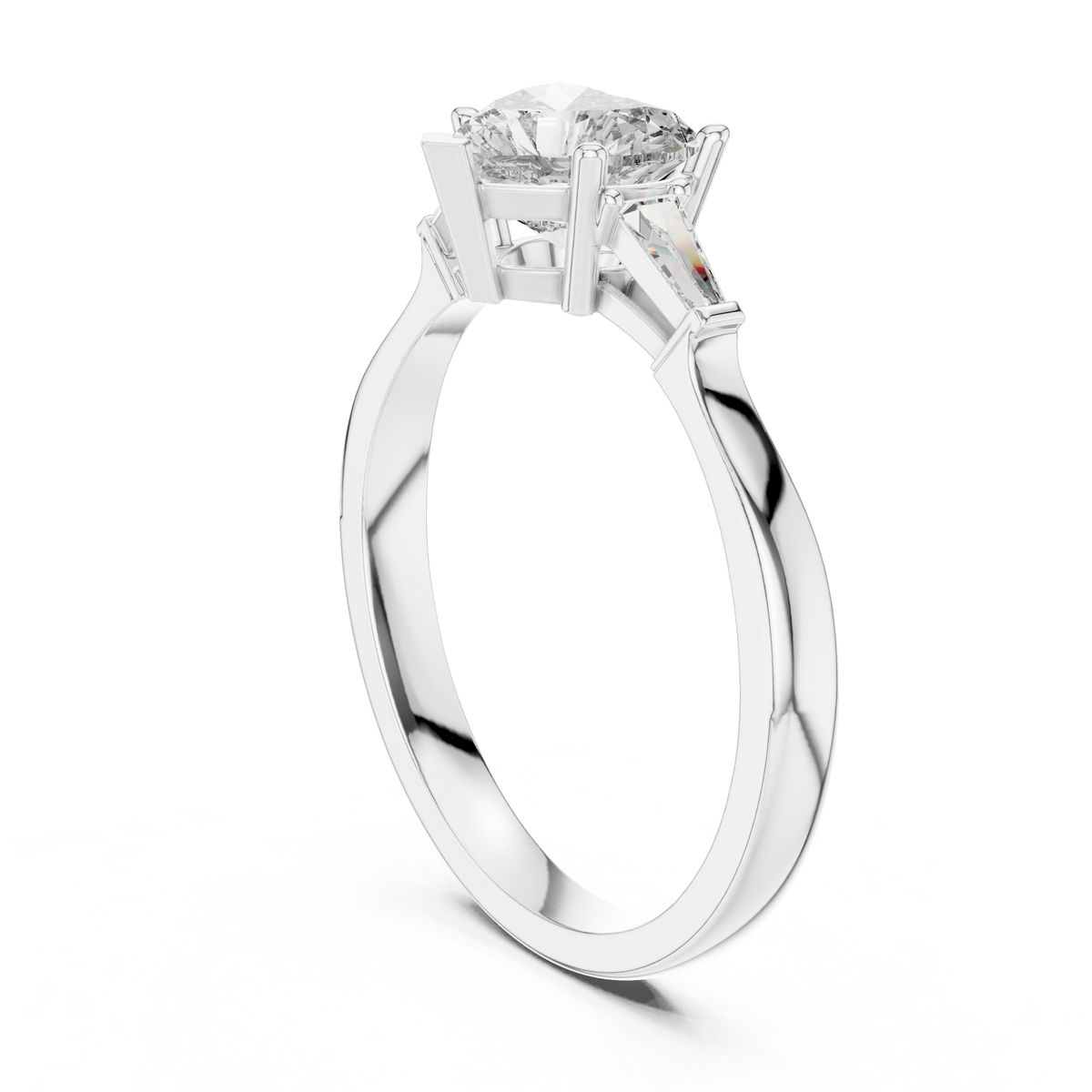 Heart Moissanite Ring with Tapered Baguette Sides in white 925 sterling silver, view 1