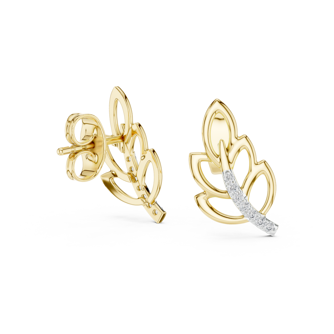 Moissanite Leaf Branch Stud Earrings in yellow 925 sterling silver, view 1