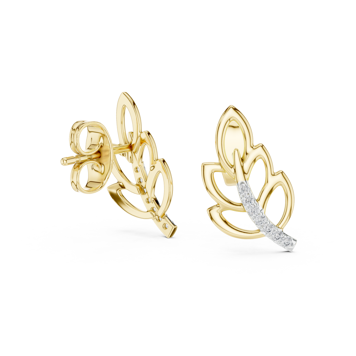 Moissanite Leaf Branch Stud Earrings in yellow 925 sterling silver, view 1