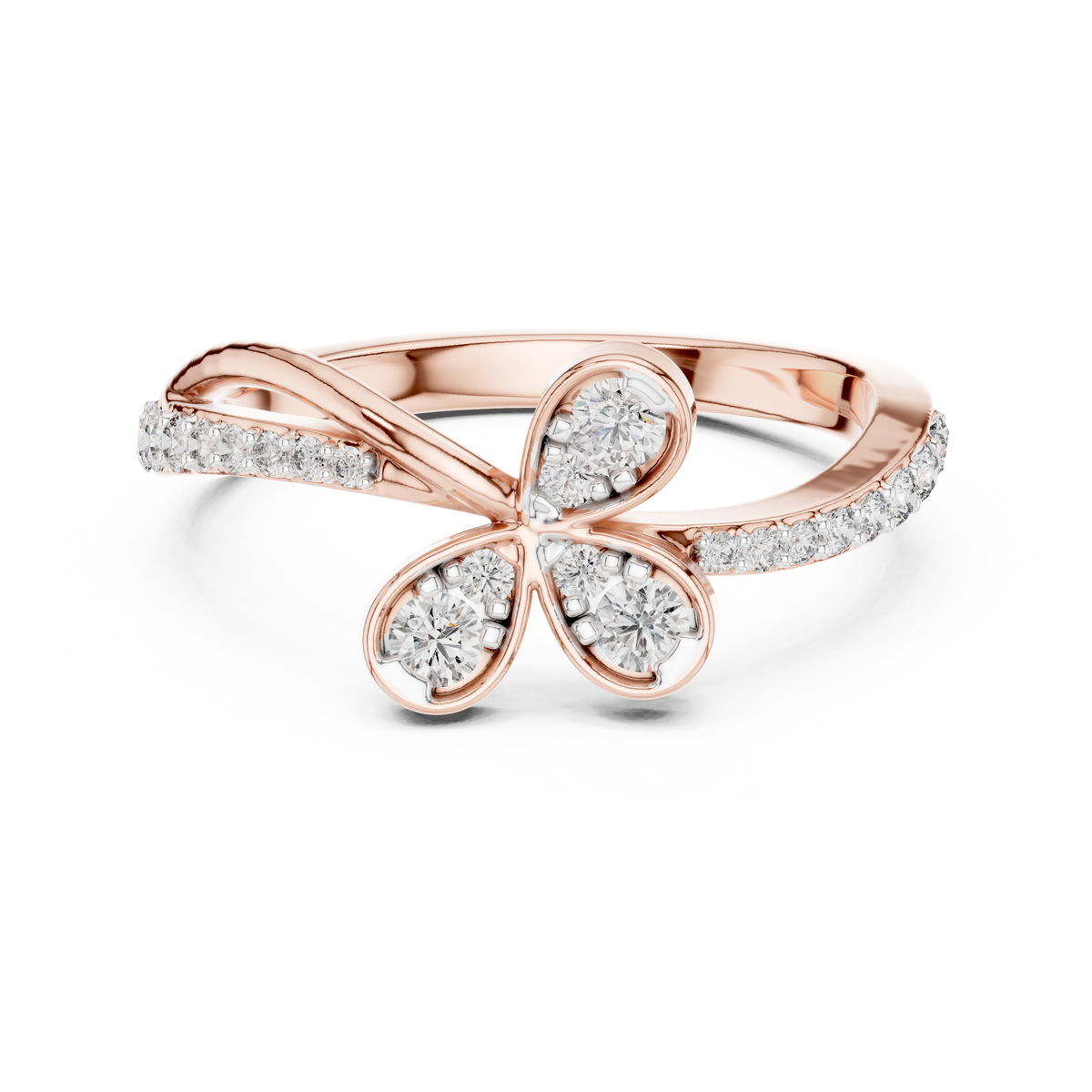 Three Petal Flower Bypass Moissanite Ring in rose 925 sterling silver, view 4