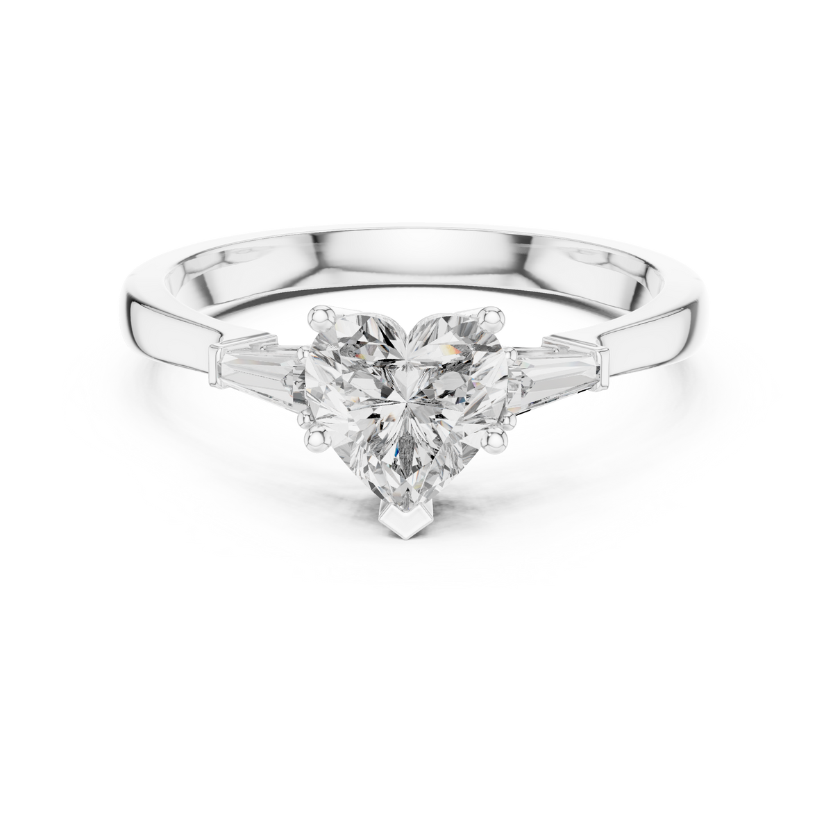 Heart Moissanite Ring with Tapered Baguette Sides in white 925 sterling silver, view 4