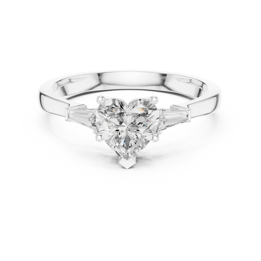 Heart Moissanite Ring with Tapered Baguette Sides in white 925 sterling silver, view 4