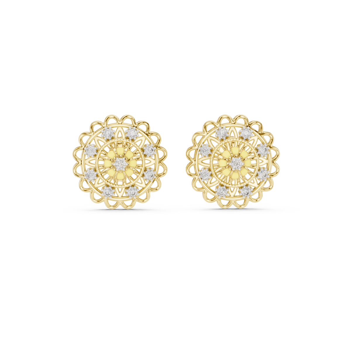 Moissanite Mandala Flower Stud Earrings in yellow 925 sterling silver, view 4