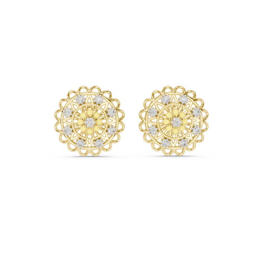 Moissanite Mandala Flower Stud Earrings in yellow 925 sterling silver, view 4