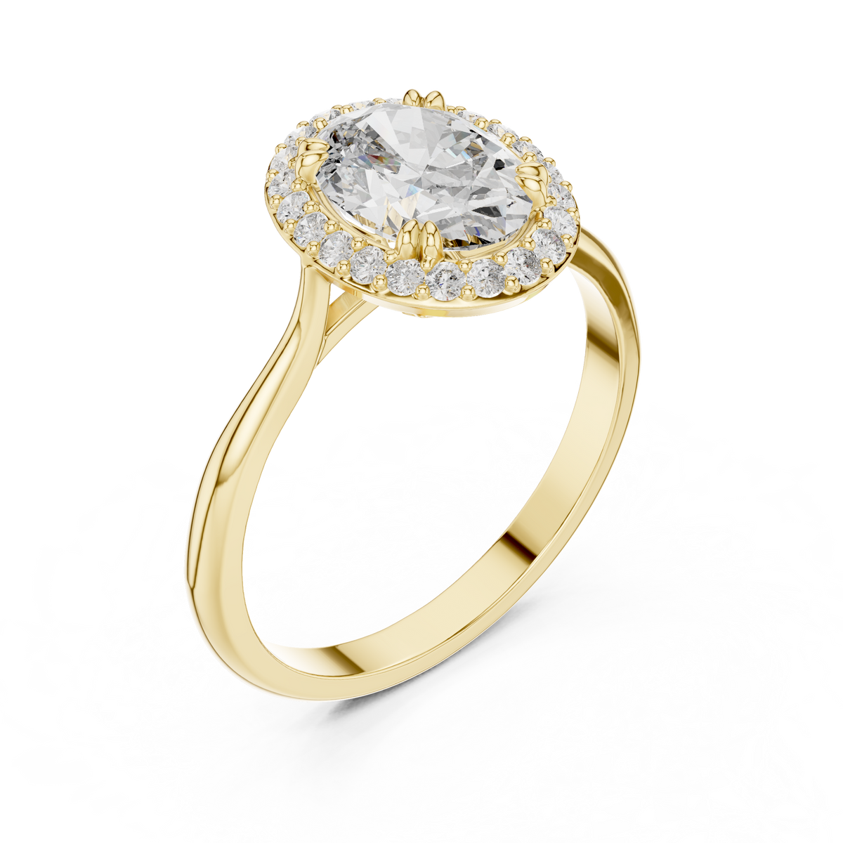 Oval Single Halo Moissanite Ring with Tapered Band in yellow 925 sterling silver, view 2