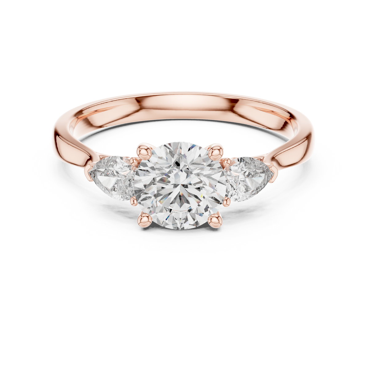 Round and Pear Three Stone Moissanite Ring in rose 925 sterling silver, view 4