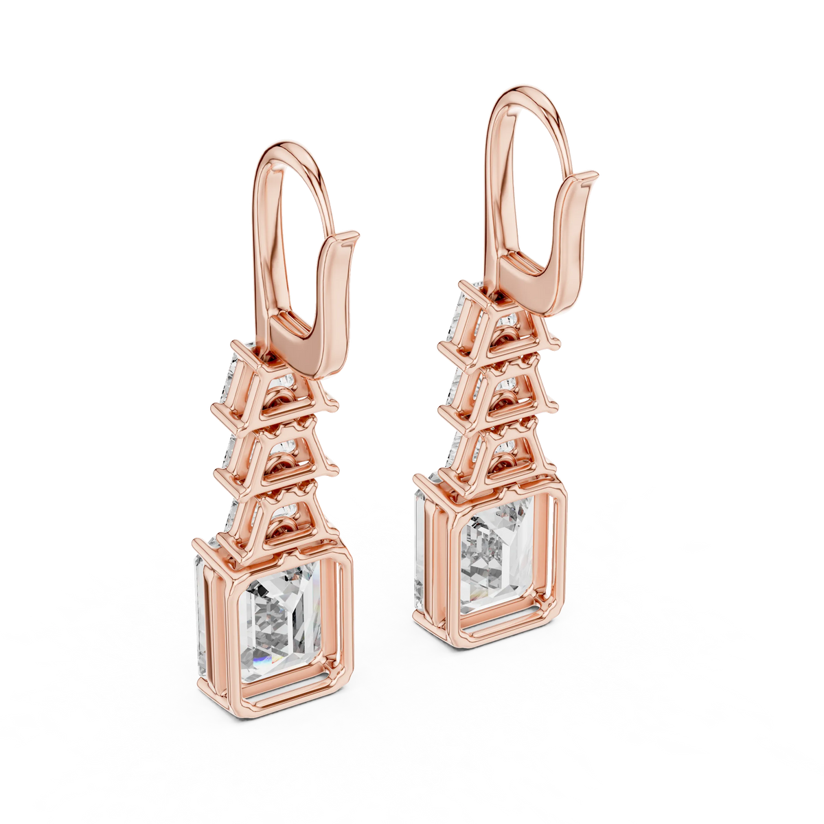 Emerald cut moissanite drop earrings in rose 925 sterling silver, view 3