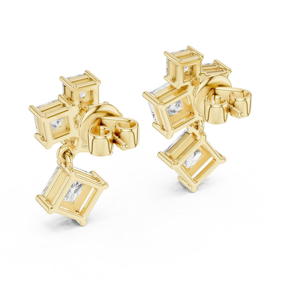 Princess cut moissanite cluster drop earrings in yellow 925 sterling silver, view 3
