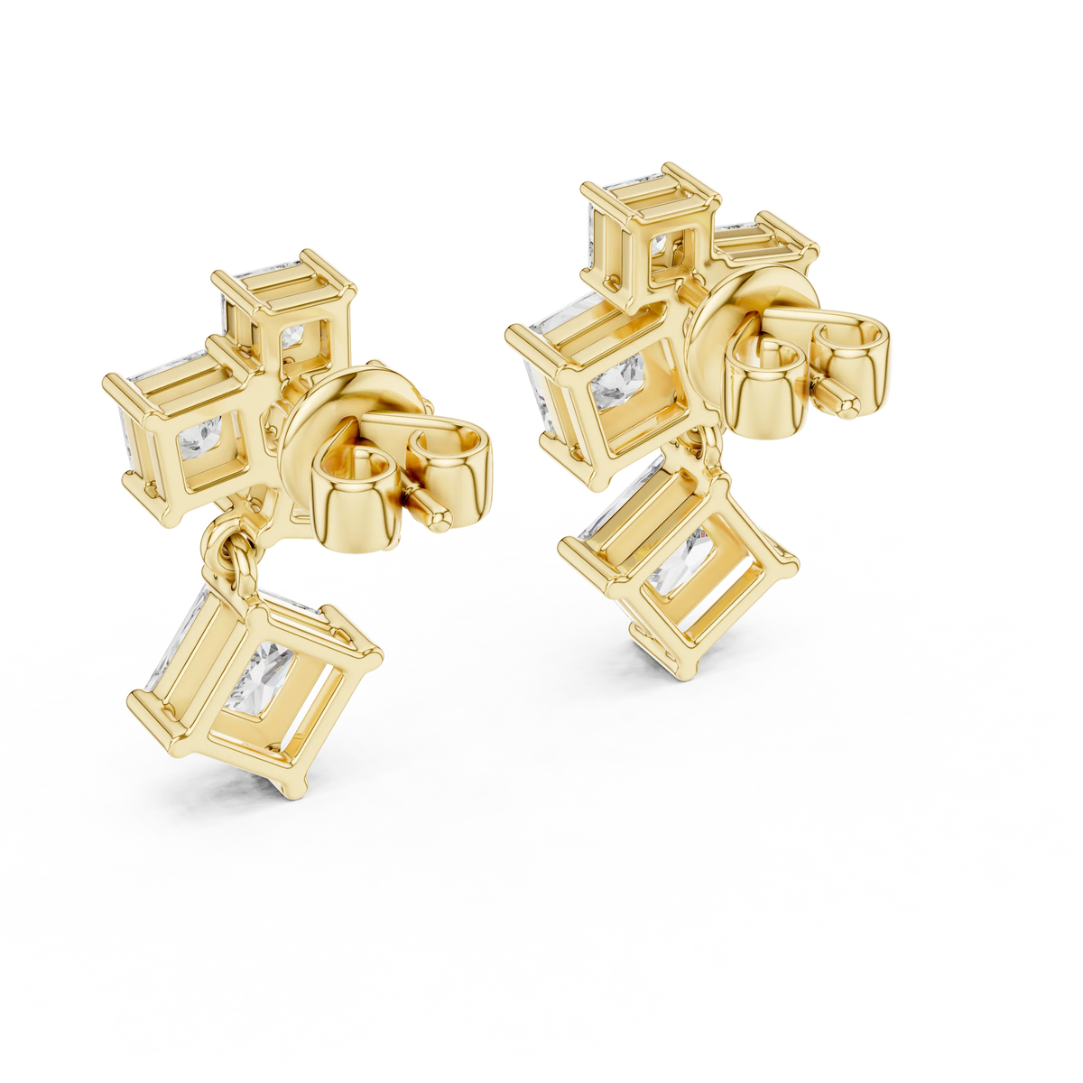 Princess cut moissanite cluster drop earrings in yellow 925 sterling silver, view 3