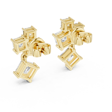 Princess cut moissanite cluster drop earrings in yellow 925 sterling silver, view 3