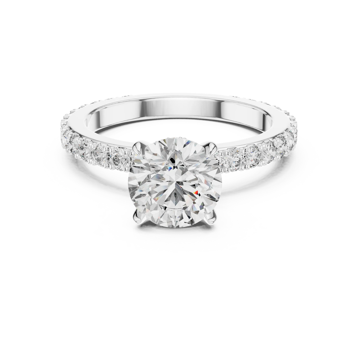 Round Solitaire Moissanite Ring with Hidden Halo and Pavé Band in white 925 sterling silver, view 4