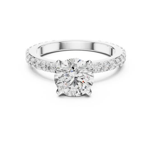 Round Solitaire Moissanite Ring with Hidden Halo and Pavé Band in white 925 sterling silver, view 4