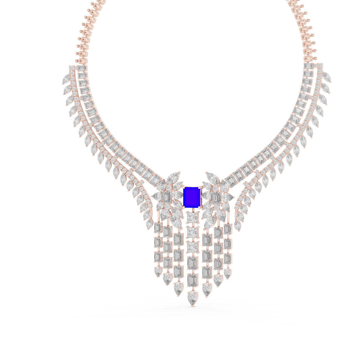 Statement Fringe Collar Necklace with Blue Centre Stone in rose 925 sterling silver, view 2