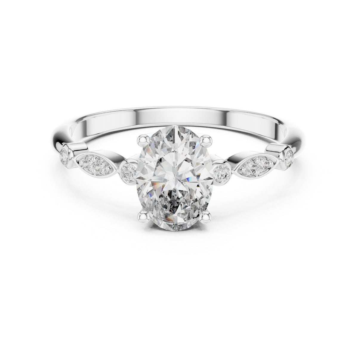 Oval Moissanite Ring with Bezel and Marquise Station Accents in white 925 sterling silver, view 4