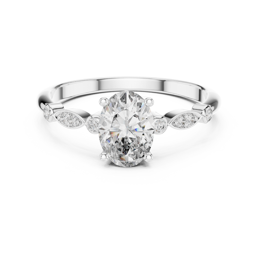 Oval Moissanite Ring with Bezel and Marquise Station Accents in white 925 sterling silver, view 4