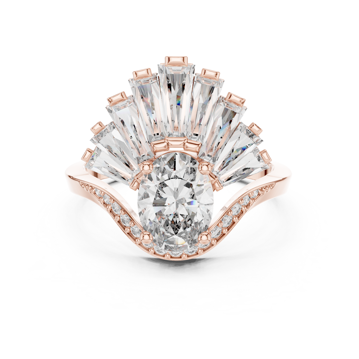 Oval Moissanite Ring with Baguette Fan Crown in rose 925 sterling silver, view 4