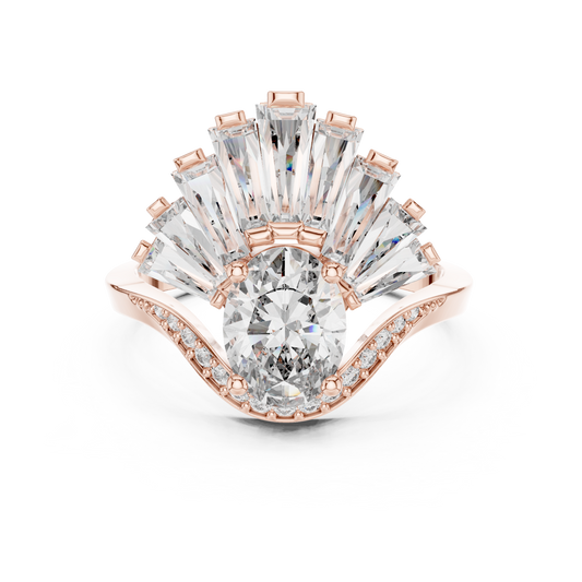 Oval Moissanite Ring with Baguette Fan Crown in rose 925 sterling silver, view 4