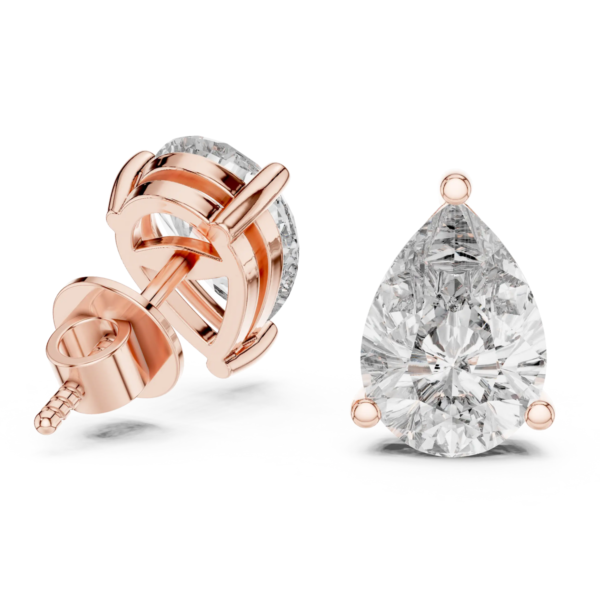 Pear moissanite stud earrings in rose 925 sterling silver, three-prong basket, view 1