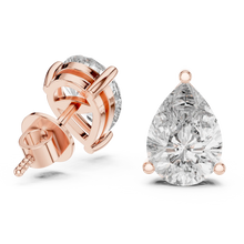 Pear moissanite stud earrings in rose 925 sterling silver, three-prong basket, view 1
