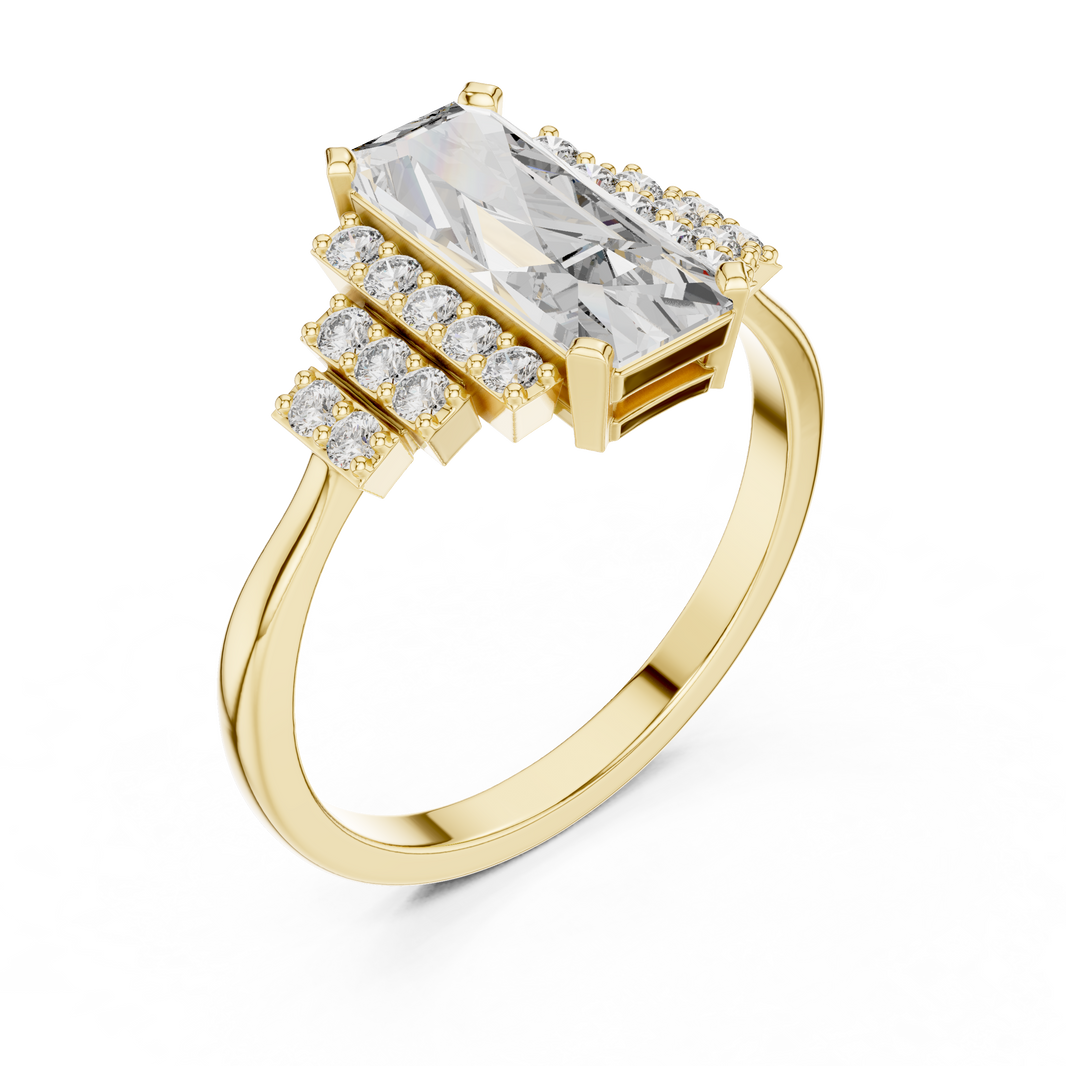 Elongated Emerald Cut Art Deco Moissanite Ring in yellow 925 sterling silver, view 2