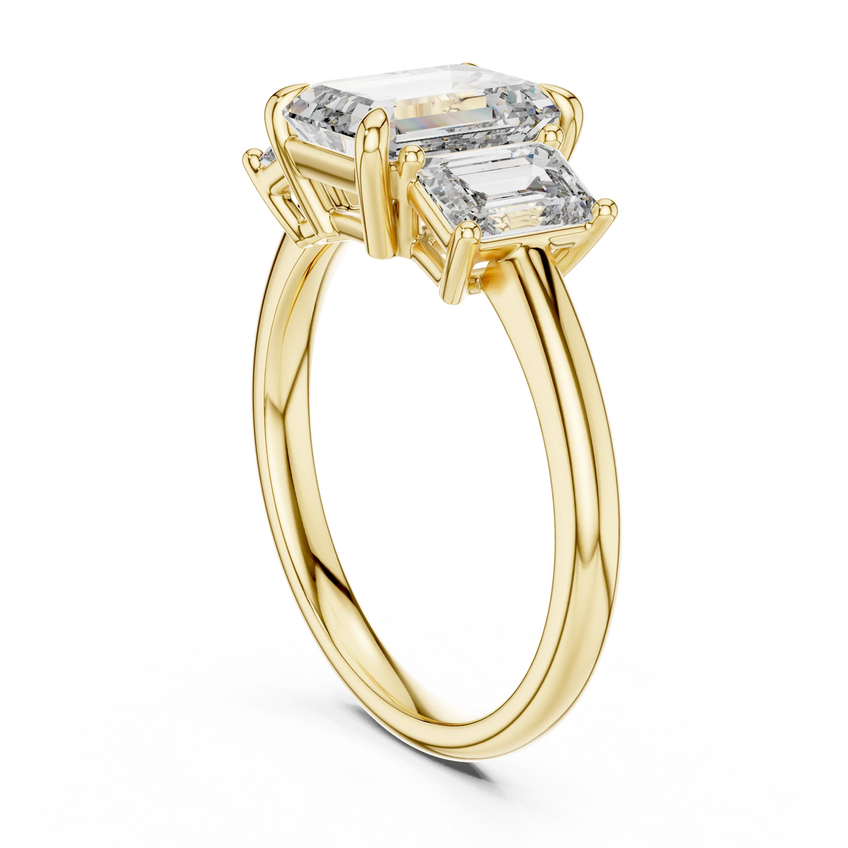 Emerald Cut Three Stone Moissanite Ring in yellow 925 sterling silver, view 1