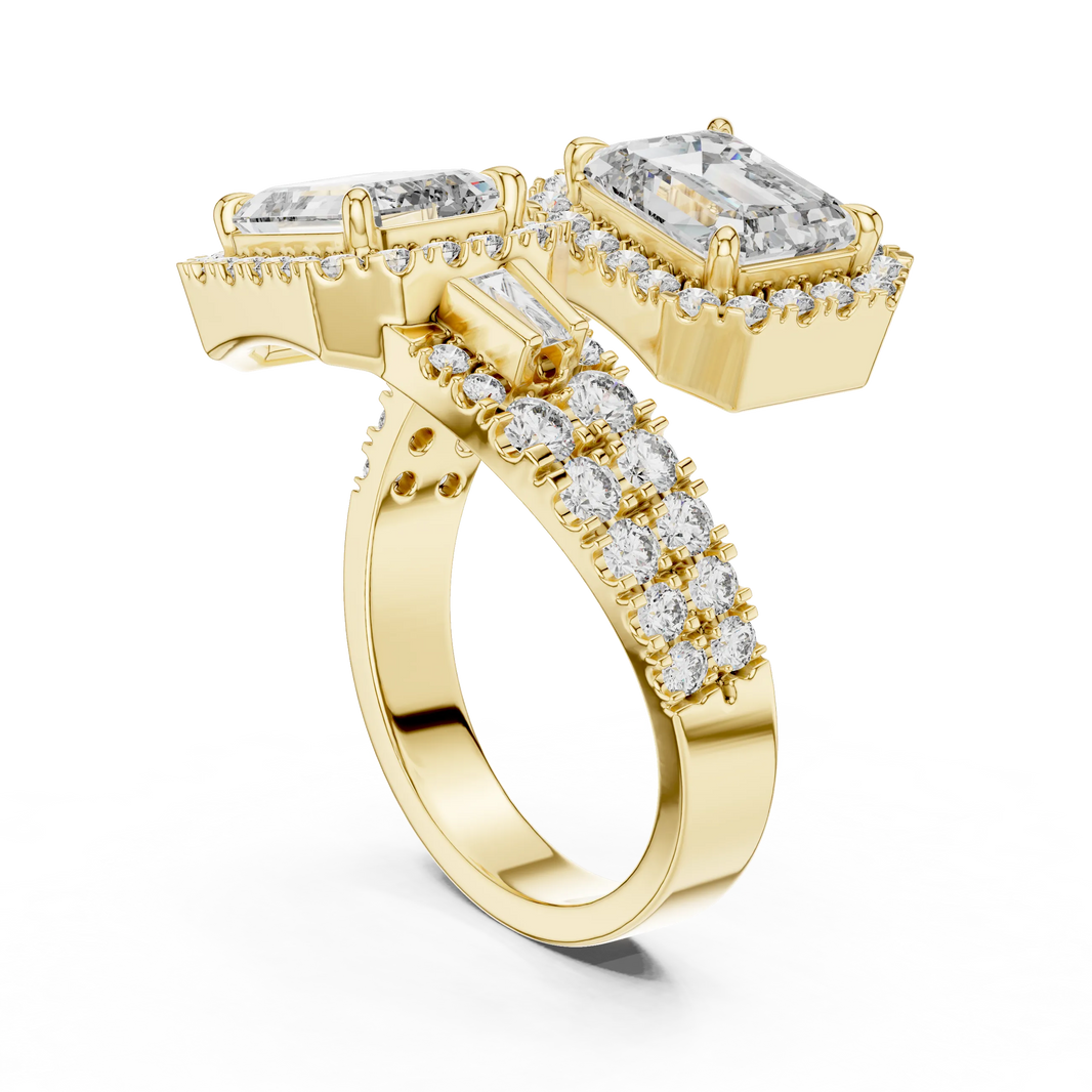 Emerald Cut Halo Toi et Moi Moissanite Bypass Ring in yellow 925 sterling silver, view 1