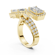 Emerald Cut Halo Toi et Moi Moissanite Bypass Ring in yellow 925 sterling silver, view 1