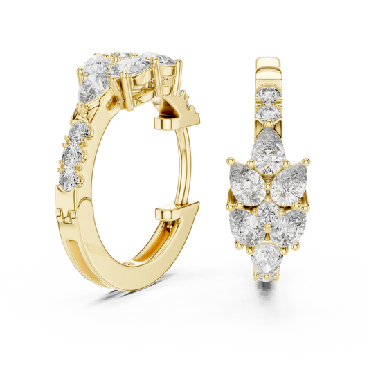 Pear moissanite cluster huggie hoop earrings in yellow 925 sterling silver, view 1