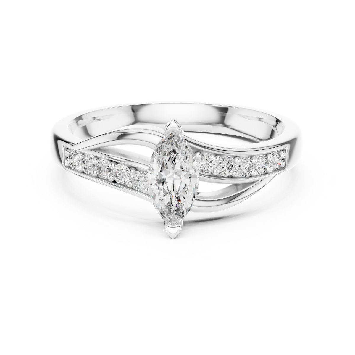 Marquise Bypass Moissanite Ring with Pavé Shoulders in white 925 sterling silver, view 4