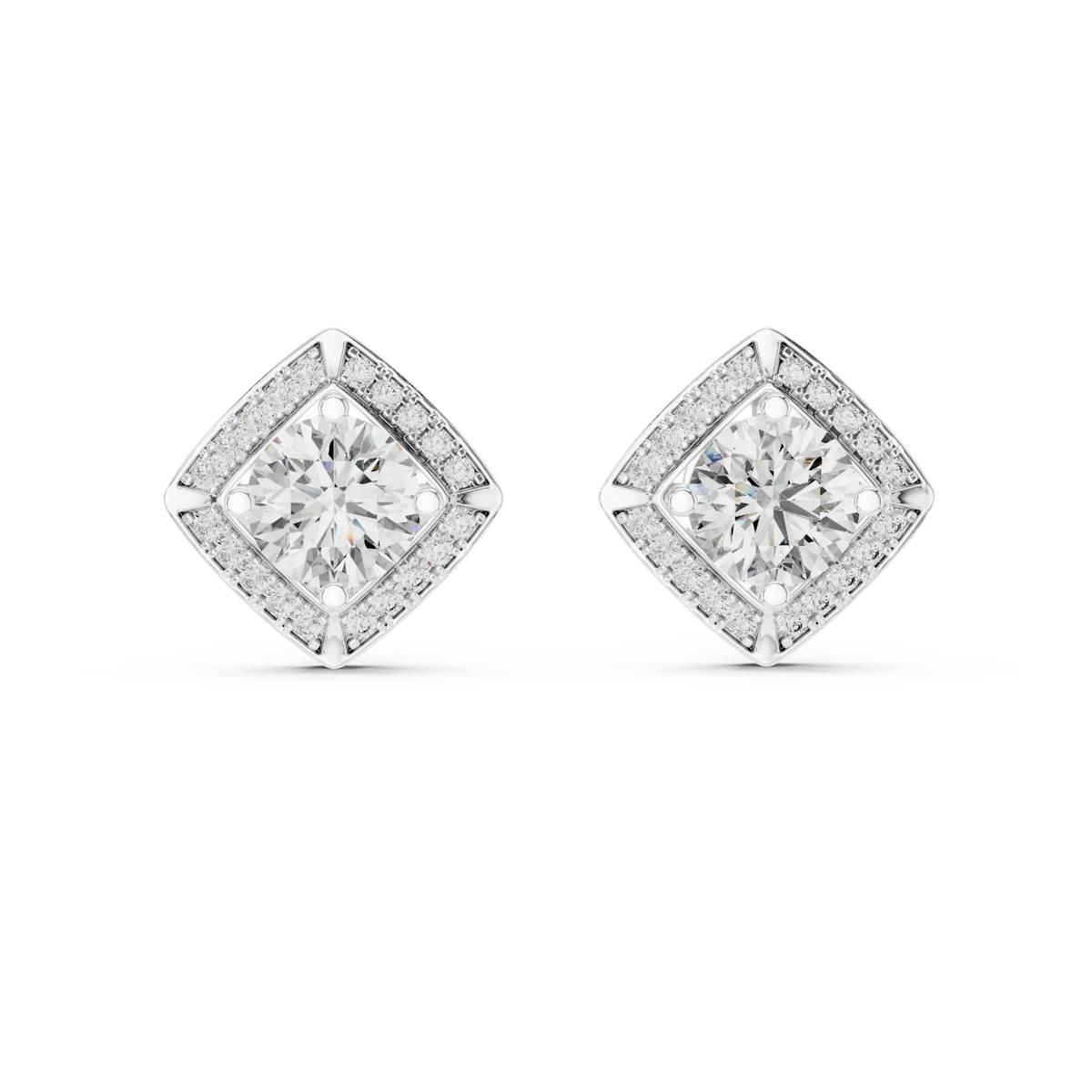 Round moissanite square halo stud earrings in white 925 sterling silver, view 4