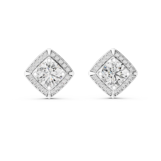 Round moissanite square halo stud earrings in white 925 sterling silver, view 4