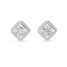 Round moissanite square halo stud earrings in white 925 sterling silver, view 4