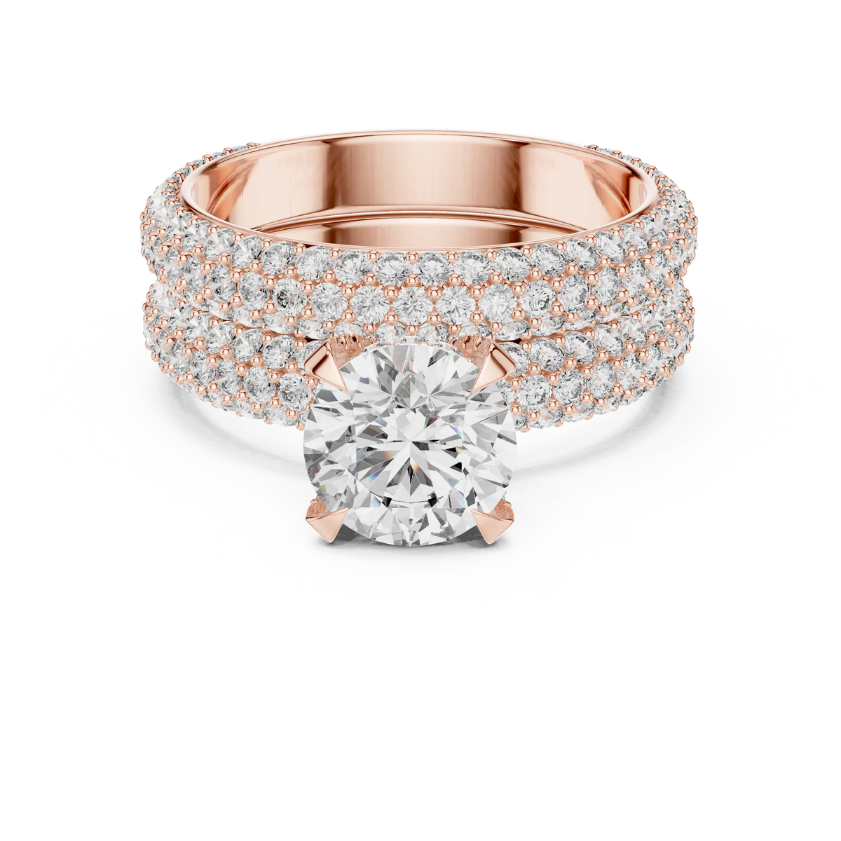 Round Solitaire Moissanite Ring with Wide Pavé Band in rose 925 sterling silver, view 4
