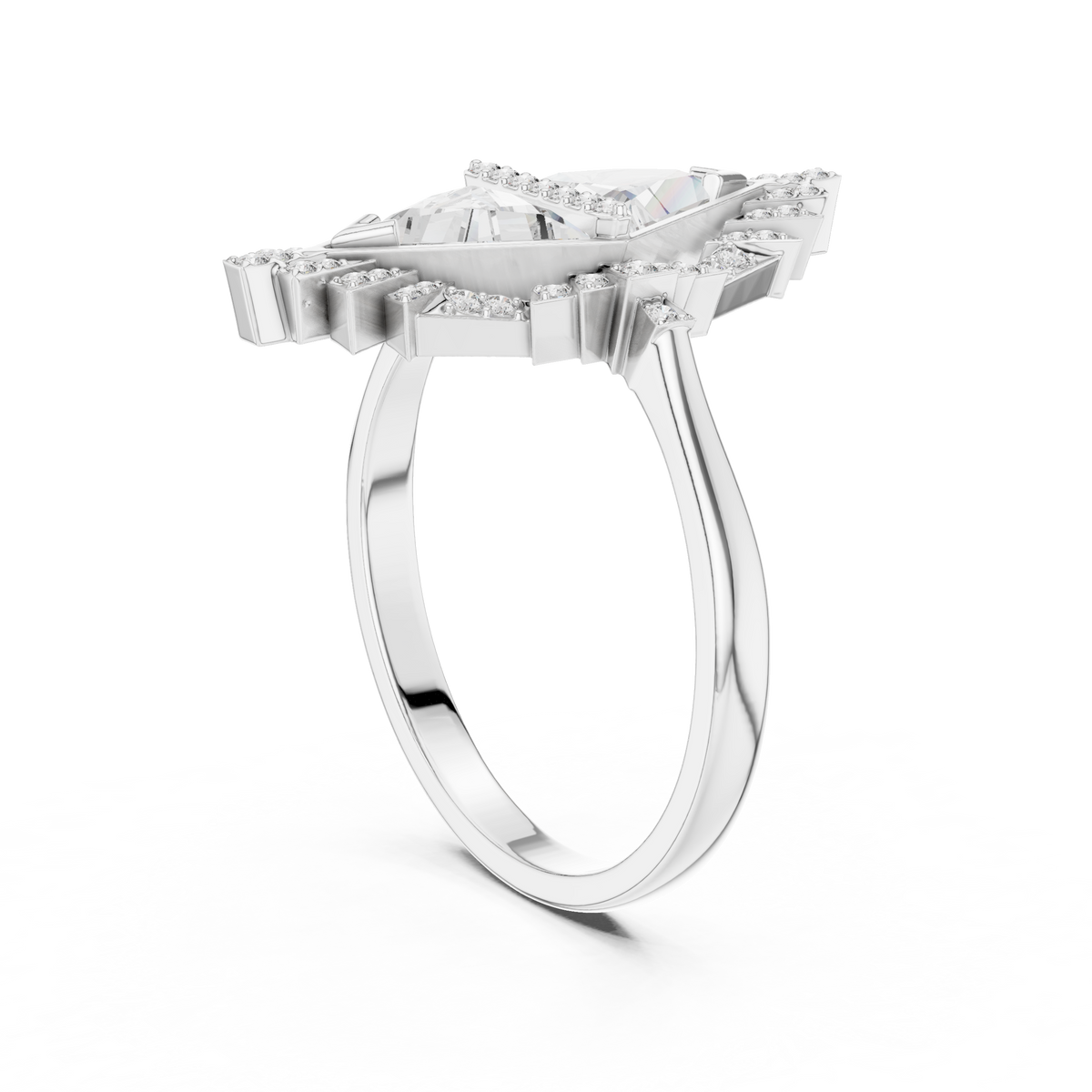 Art Deco Twin Triangle Moissanite Cocktail Ring in white 925 sterling silver, view 1