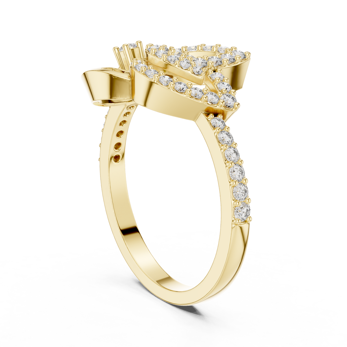 Pavé Leaf and Nautilus Swirl Moissanite Ring in yellow 925 sterling silver, view 1