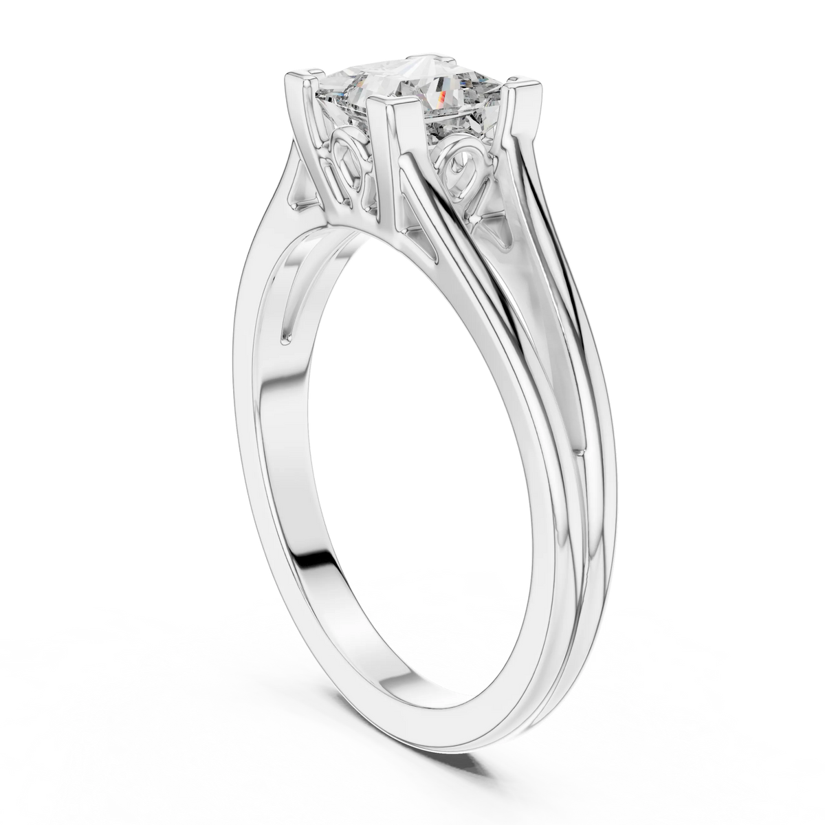 Princess Cut Solitaire Moissanite Split Shank Ring in white 925 sterling silver, view 1