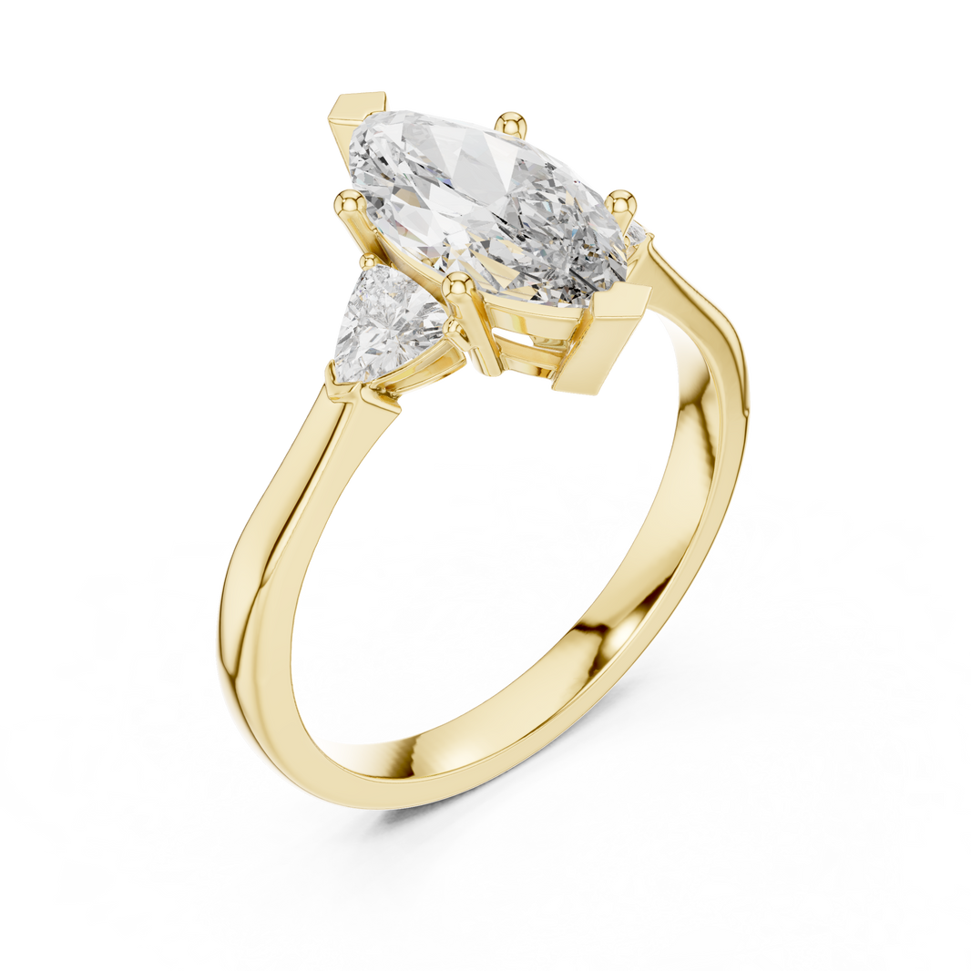 Marquise and Trillion Three Stone Moissanite Ring in yellow 925 sterling silver, view 2